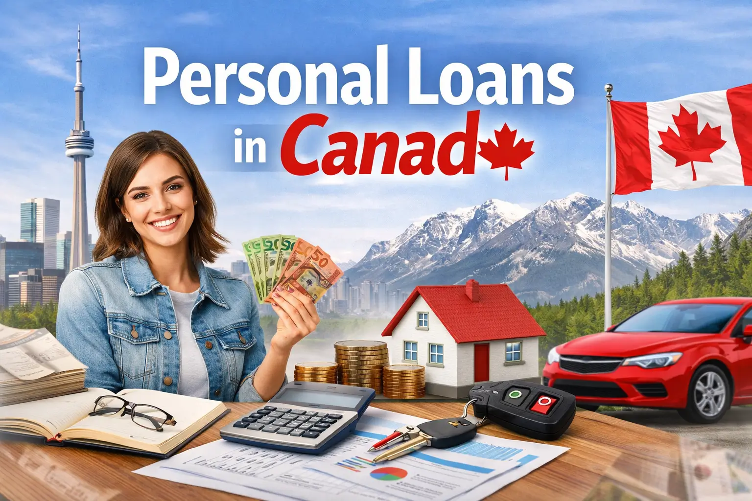 Smiling Canadian woman holding cash beside calculator, notebook, and red car with Canadian flag and skyline — Personal Loans in Canada.