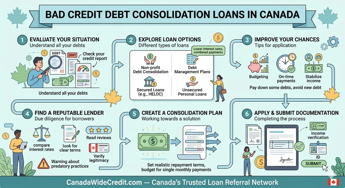 Infographic showing the 6-step process for securing a bad credit debt consolidation loan in Canada, featuring the CanadaWideCredit.com referral network.