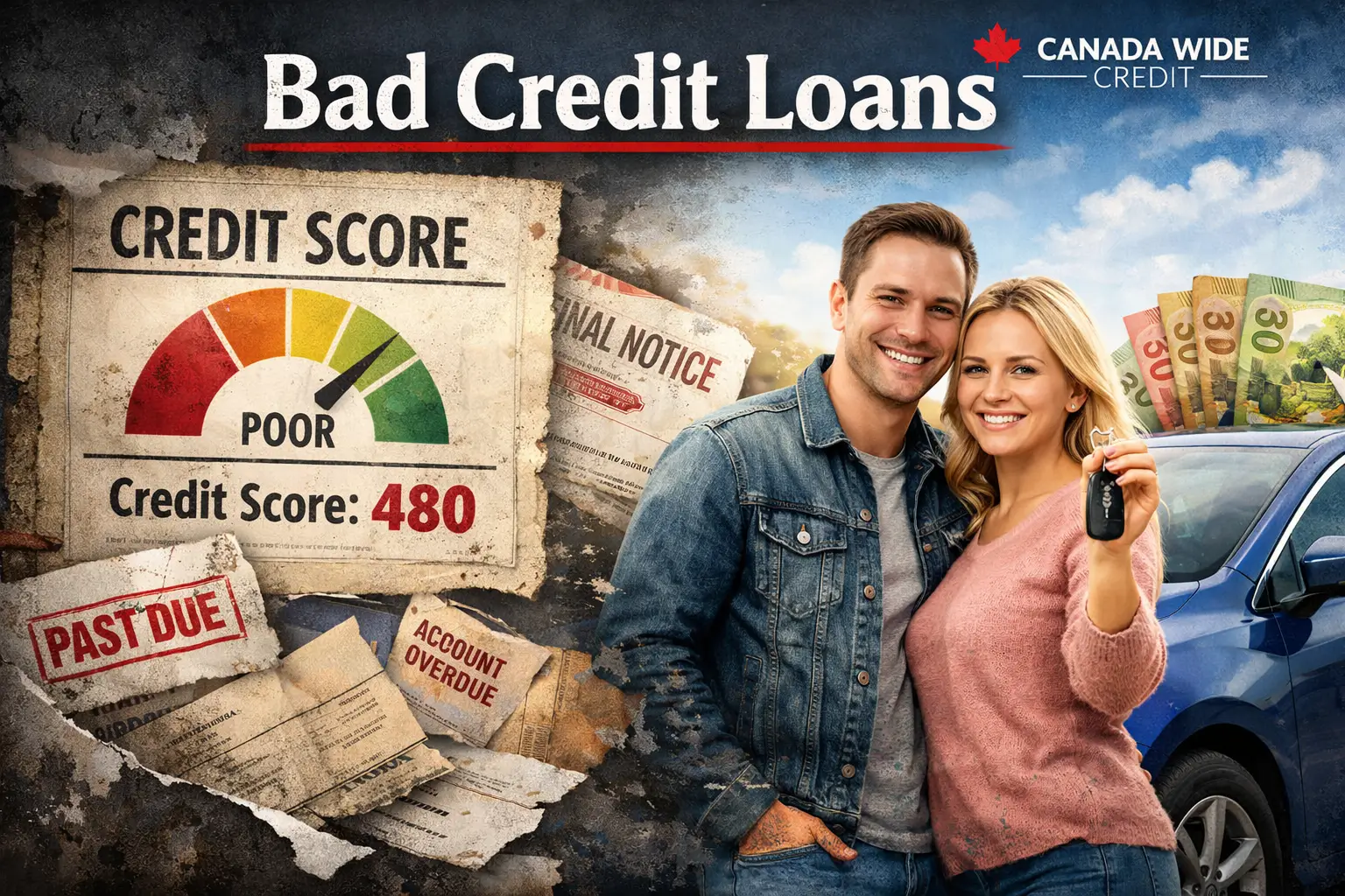 Smiling couple holding car keys beside a blue car with Canadian banknotes and “Bad Credit Loans” banner from Canada Wide Credit.