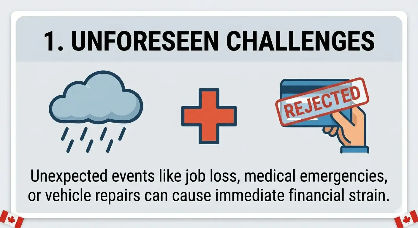 Infographic panel showing unexpected financial challenges like job loss and medical emergencies leading to credit rejection in Canada.